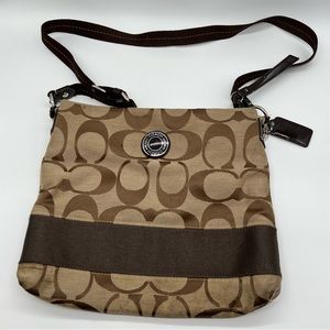 Coach Cross Body Satchel Purse Monogram Pattern Strap Brown